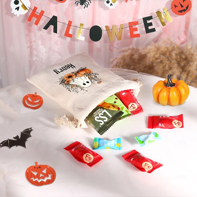 Personalized Name Halloween Treat Bag for Kids Custom Candy Tote Bag Basket for Trick or Treat, Hand-Drawn Forest Style Canvas Gift Sack, Cute Trick or Treat Bag for Toddlers3