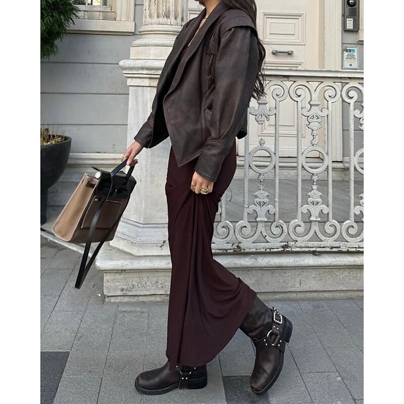 Women's Faux Leather Jacket Warm Comfortable Lace up Pocket Fashion Outdoor Plain Outdoor Street Going out Regular Turndown Regular Fit Long Sleeve Outerwear Black Brown Fall Winter4