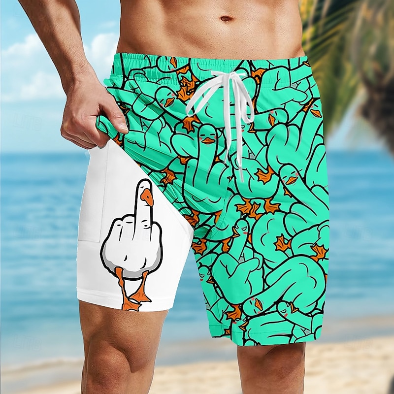 Men's Animal Funny Duck Lined Shorts 2 in 1 Board Shorts Swim Shorts Mid Waist Hawaiian Vacation Holiday Side Pockets With Compression Liner Elastic Drawstring Waist Designer Clothing Apparel2