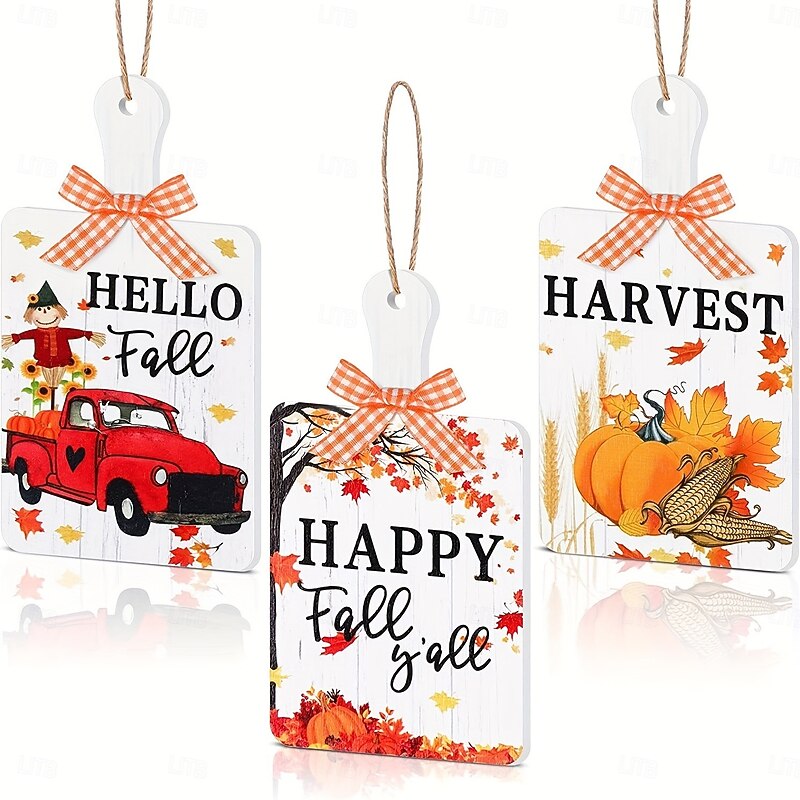 3 Pack Fall Wooden Door Signs, Thanksgiving Autumn Hanging Decorations for Front Door, Rustic Wood Home Decor for Seasonal Entryway2