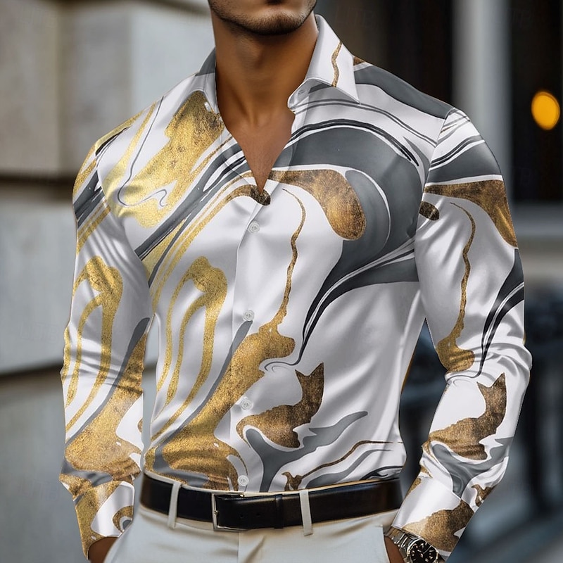 Men's Geometric Marble Abstract Art Satin Shirt Dress Shirt Long Sleeve Fashion Casual Vacation Holiday Summer Spring Fall Turndown Collared Shirts 3D Print Button Up Shirts Blue Purple Gold Green