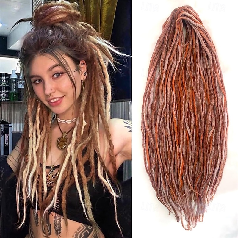 22 Inch Wool Double Ended Dreadlock Extensions15 Strands DE Ends Mixed Brown Synthetic DE Dreads Thin Soft Fake Dreads Hippie Style Dreadlock for Women