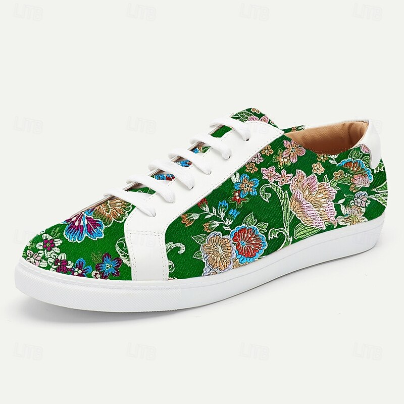 Men's Green Jacquard Fabric Sneakers Comfortable Low-Top Shoes with Floral Pattern Suitable for Casual Walking Daily Wear and Creative Outfits2