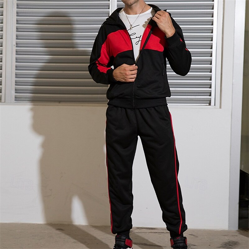 Men's Tracksuit Sweatpants Zip Up Hoodie Pocket Color Block Clothing Suit Fall Black Dark Navy Gym Workout Sports Windproof Long Sleeve Sport Activewear Micro-elastic Regular Fit3