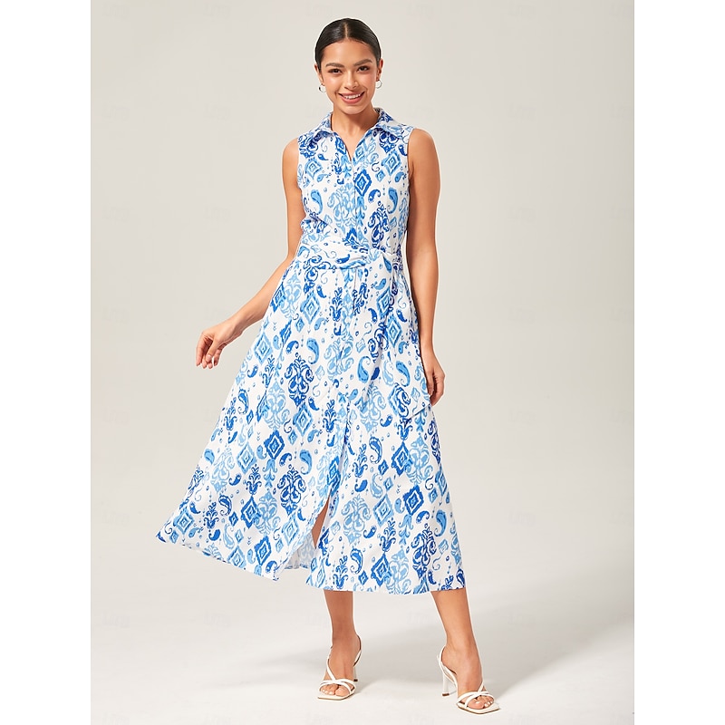 Monochrome Print Linen Look Midi Shirt Dress