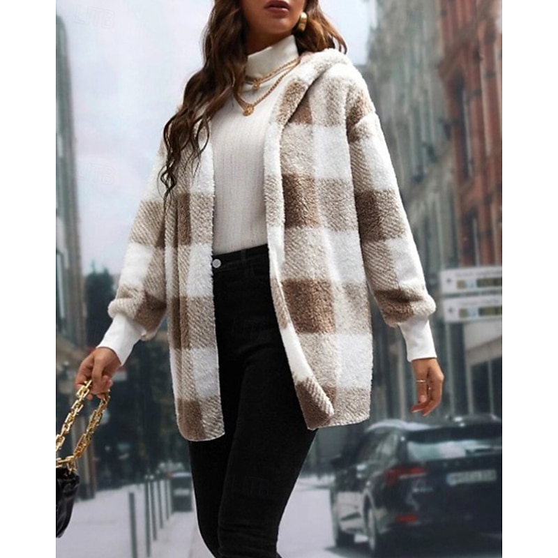 Women's Cardigan Fashion Plaid Ribbed Shirt Collar Knitted Long Sleeve Regular Tops Knit Holiday Going out Weekend Black Red Fall Winter