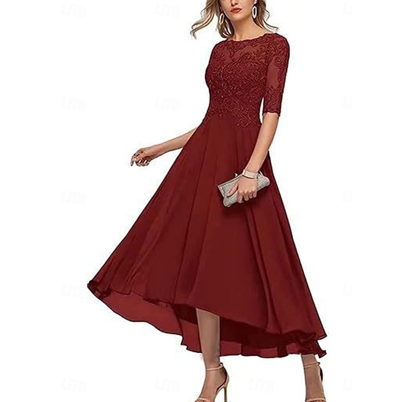 A-Line Mother of the Bride Dress Elegant Crew Neck Ankle Length Lace Half Sleeve with Solid Color