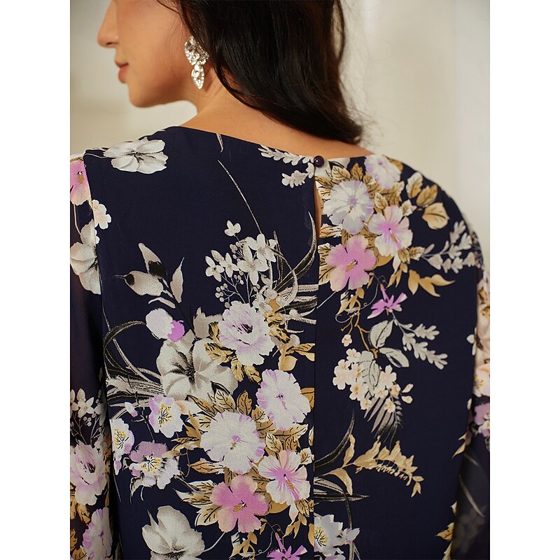 Women's Chiffon Tops Floral Graphic Elegant Daily Stylish Half Sleeve Bell Sleeve Crew Neck Regular Tops Wedding Guest Work Daily Layered Navy Blue Summer Spring Fall3