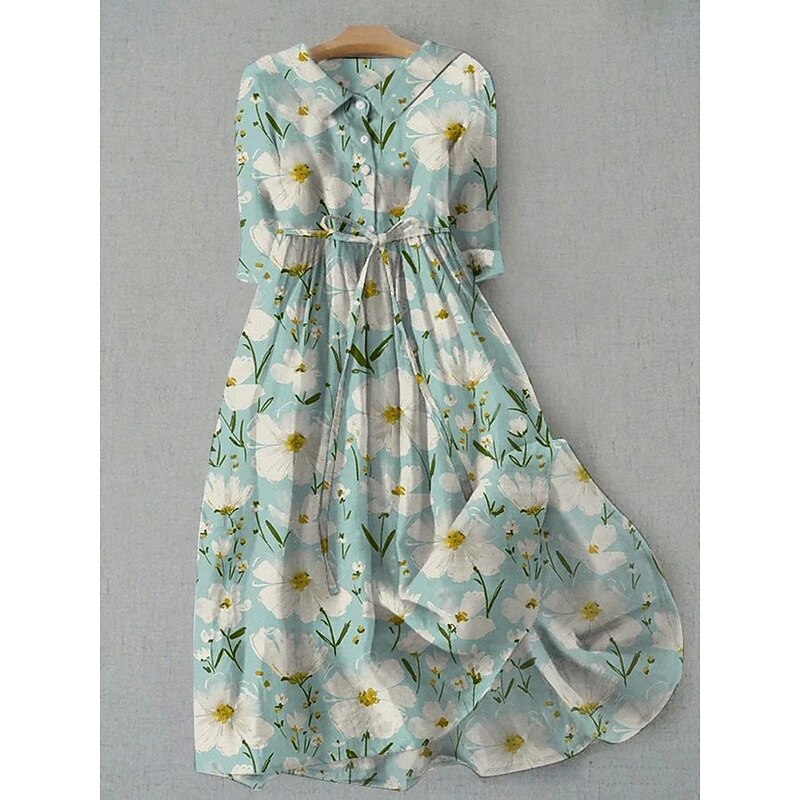 Women's Midi Dress Shift Dress Casual Daily Regular Fit Floral Graphic Half Sleeve Lapel Deep Green Blue Green Summer Spring3