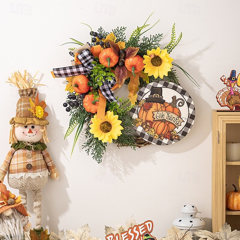 Fall Wreath for Front Door Thanksgiving Harvest Indoor Outdoor Decoration, Pumpkin Maple Leaf Hanging Garland for Autumn Porch or Wall Decor