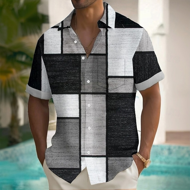 Men's Geometric Color Block Patchwork Shirt Summer Shirt Button Up Shirt Short Sleeve Fashion Casual Outdoor Vacation Dailywear Summer Spring Turndown 3D Print Collared Shirts Front One Pocket Black2