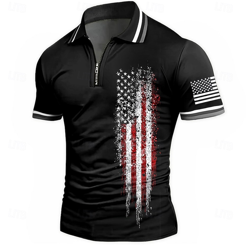 American Independence Day Men's American US Flag Zip Polo Shirts Short Sleeve Polo Shirts Collared Shirts Casual Athleisure Daily Wear 3D Print Summer Black Blue2