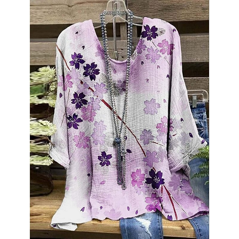 Women's Shirt Floral Stylish 3/4 Length Sleeve Crew Neck Regular Tops Daily Holiday Print Wine Red Blue Purple Summer