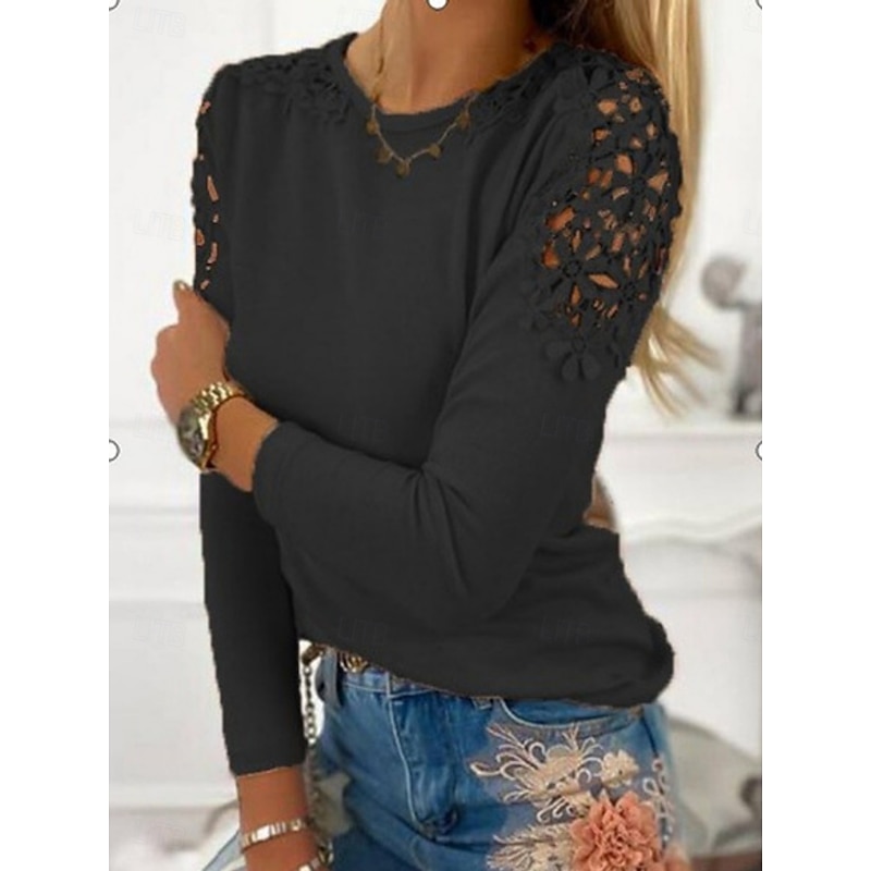 Women's Lace Shirt Solid Color Stylish Casual Long Sleeve Crew Neck Regular Tops Daily Lace Patchwork Black Pink Blue Gray Summer2