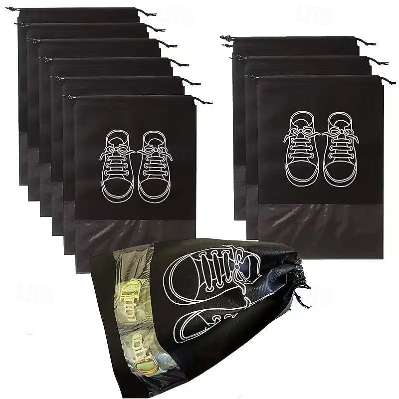 10-Pack Travel Shoe Storage Bags, Non-Woven Dustproof Shoe Organizers with Drawstring Closure, Transparent Window and White Shoe Print Design3