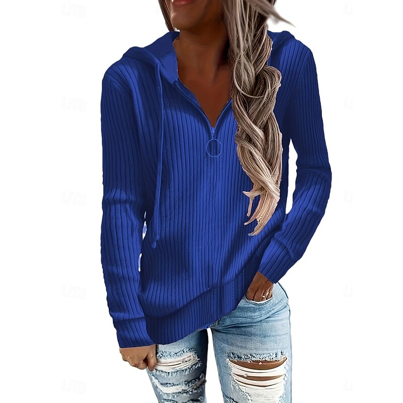 Women's Sweater Casual Soft Pure Color Ribbed Hooded Knitted Long Sleeve Regular Tops Knit Outdoor Daily Weekend Black White Fall Winter4