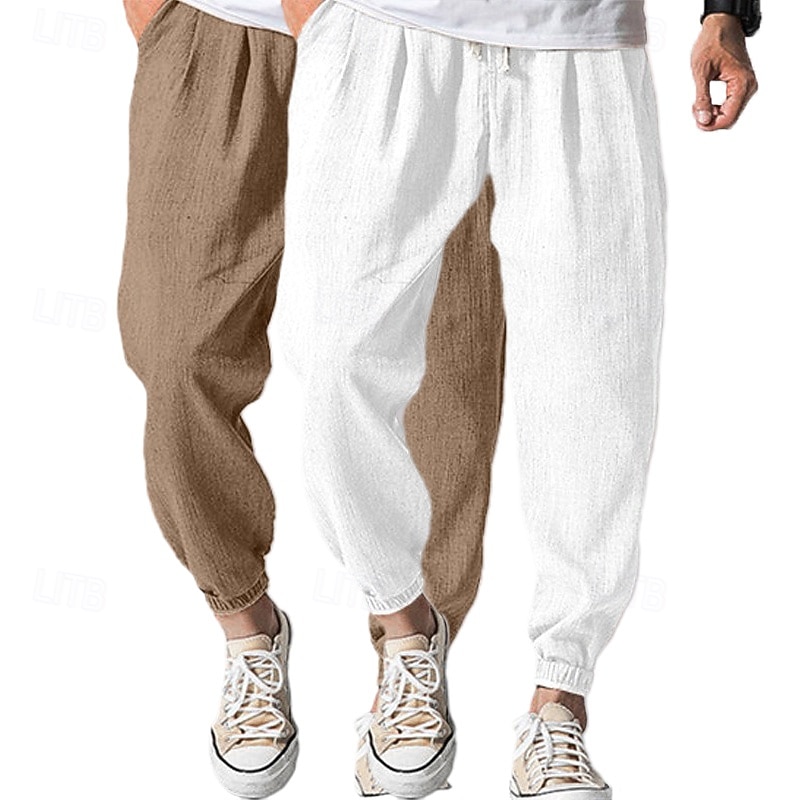 Men's Joggers Linen Pants Trousers Summer Pants Baggy Pants Drawstring Elastic Waist Plain Comfort Breathable Full Length Outdoor Casual Daily Fashion Streetwear White+Sky Blue Black+Navy Blue2