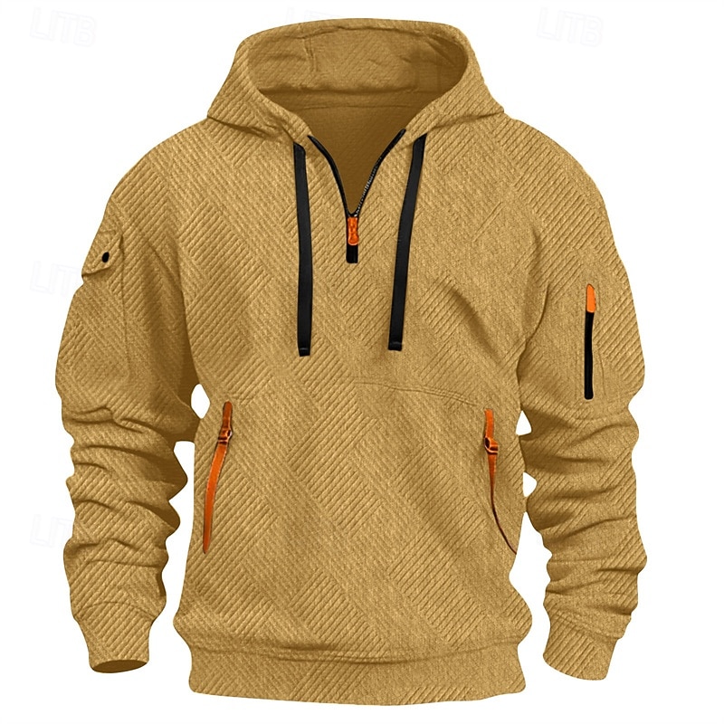 Men's Hoodie Quarter Zip Hoodie Black White Red Blue Khaki Hooded Plain Jacquard Pocket Sports & Outdoor Daily Holiday Polyester Streetwear Basic Casual Spring Autumn / Fall Clothing Apparel Hoodies