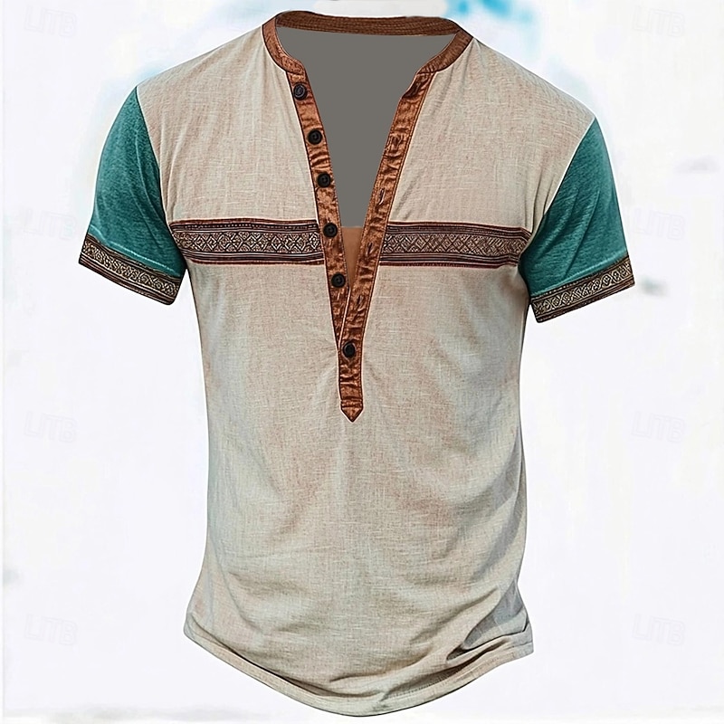 Men's Tribal Ethnic T Shirt Henley Shirt Tee Short Sleeve Designer Basic Ethnic Outdoor Casual Daily Summer Khaki Henley Henley T-Shirt