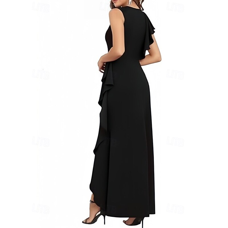 A-Line Wedding Guest Dresses Elegant Dress Wedding Guest Engagement Asymmetrical Sleeveless Crew Neck Stretch Crepe with Ruffles Slit2