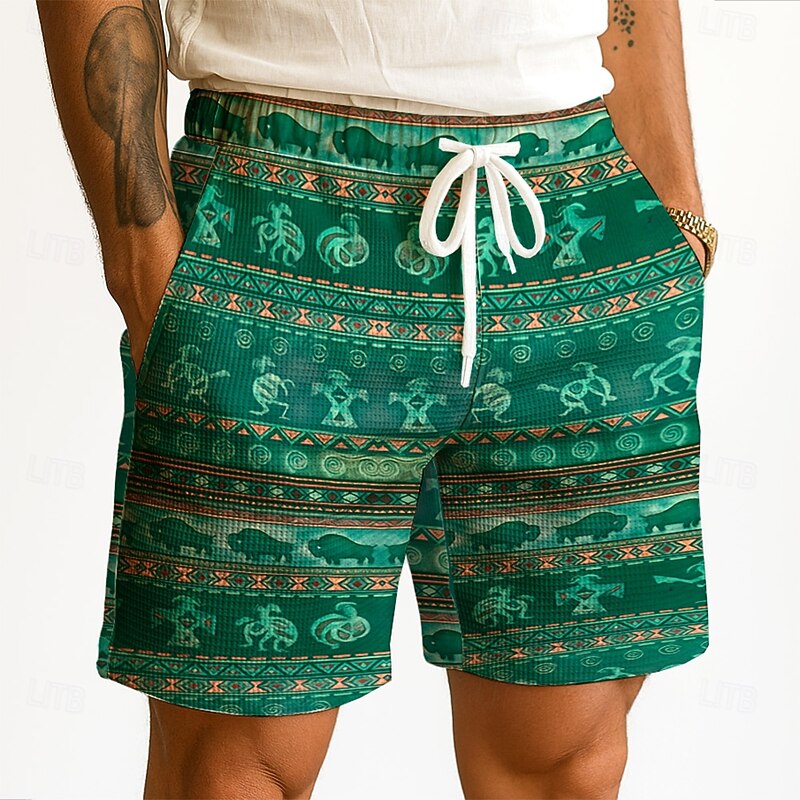 Men's Indian Ethnic Kokopelli Waffle Shorts Sweat Shorts Casual Shorts Mid Waist Retro Vintage Vacation Jogging Workout Elastic Drawstring Waist Shorts with Pockets Designer Clothing Apparel