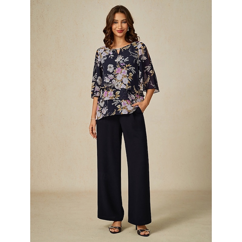 Women's Blouse Chiffon Tops Floral Graphic Elegant Daily Stylish Half Sleeve Crew Neck Regular Tops Wedding Guest Daily Semi Formal Layered Cut Out Print Navy Blue Summer Spring Fall3