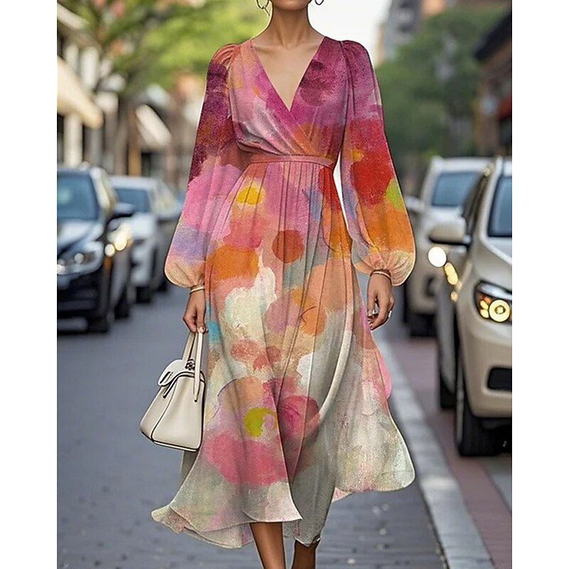Women's Midi Dress Casual Dress Print Dress Elegant Fashion Outdoor Party Holiday Regular Fit Striped Flower Long Sleeve V Neck Blue Purple Khaki Summer Spring3