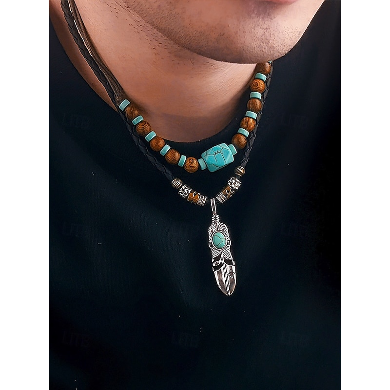 Men's Vintage Feather Pendant Necklace with Turquoise Beads – Tribal Style Leather Rope Jewelry for Festivals, Travel and Everyday Casual Wear3