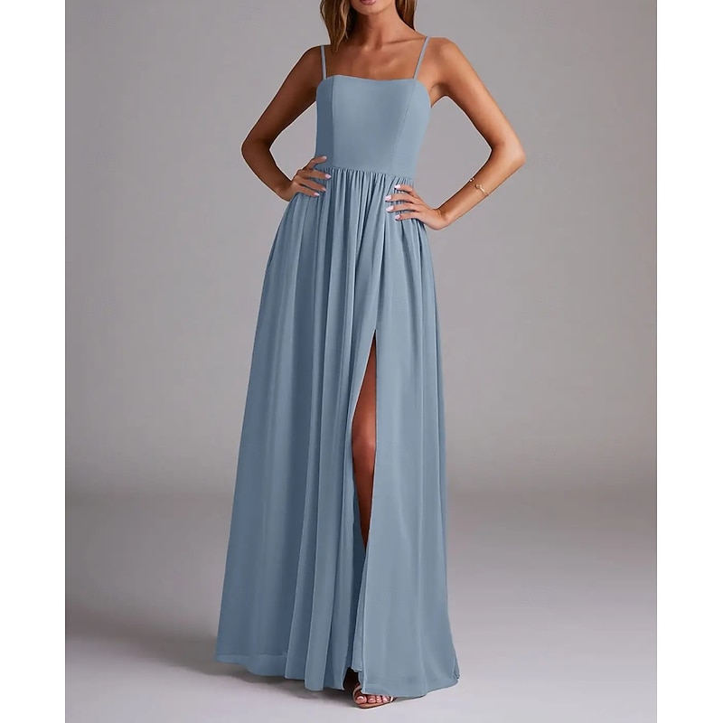 A-Line Bridesmaid Dress Spaghetti Strap Sleeveless Elegant Floor Length Chiffon with Pleats / Split Front
