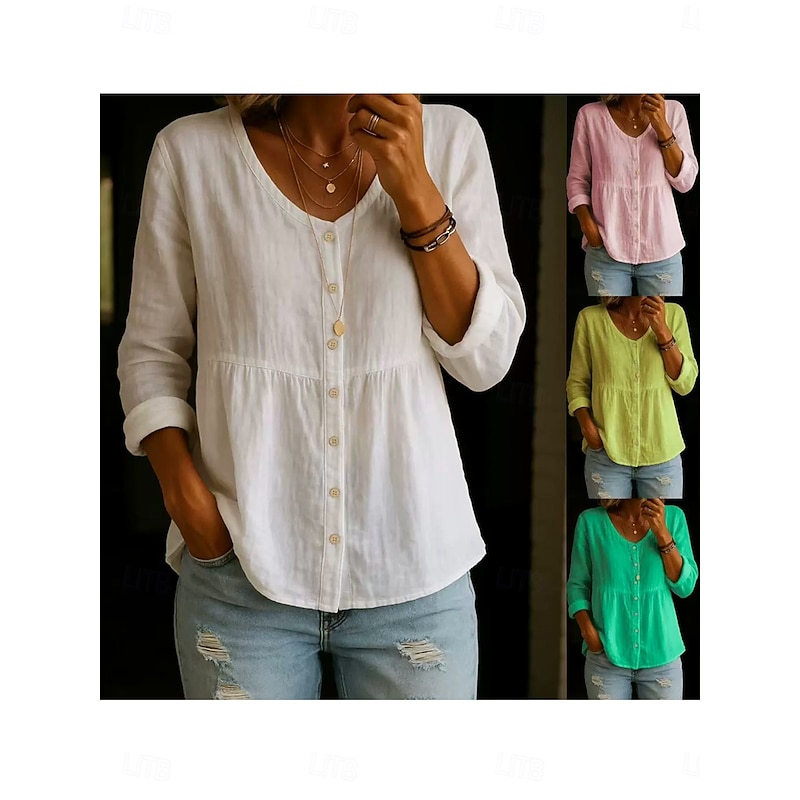 Women's Shirt Solid Color Plain Stylish Casual Long Sleeve Shirt Collar Regular Tops Daily Smocked Buttons White Yellow Pink Green Summer Spring