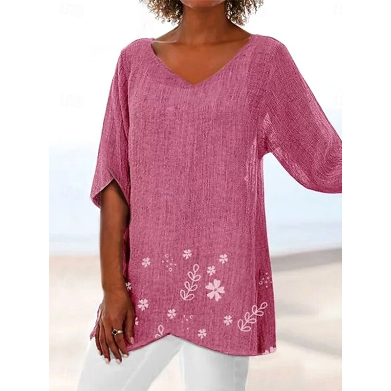 Women's Blouse Long Sleeve Asymmetrical Hem Floral Graphic Leaf Hawaiian Stylish Casual 3/4 Length Sleeve V Neck Regular Tops Daily Holiday Going out Print Asymmetric Hem Yellow Light Purple Fuchsia4