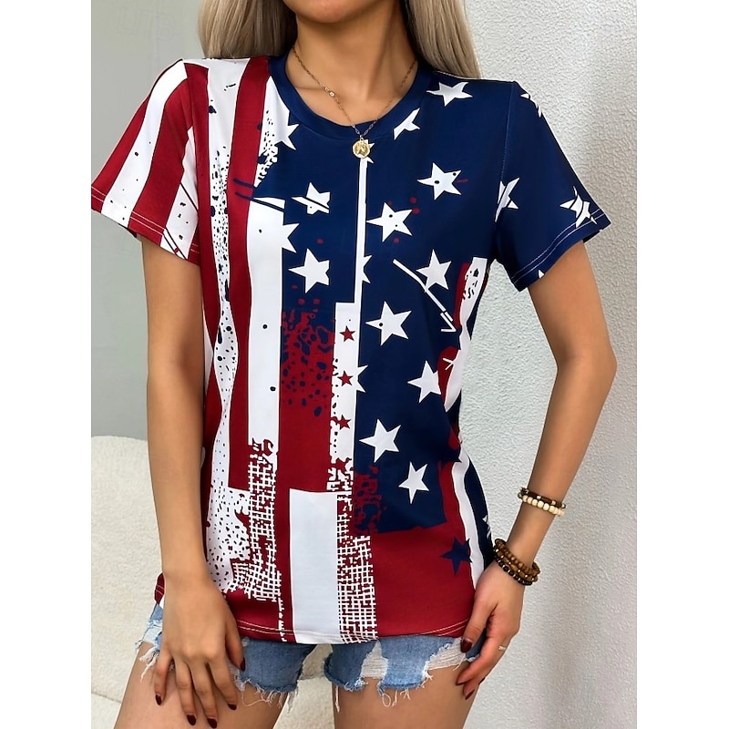 Women's Patriotic  T Shirt Flag Flag National Flag Stylish Casual Red White And Blue Short Sleeve V Neck Regular Tops Daily Print Blue Summer Spring3