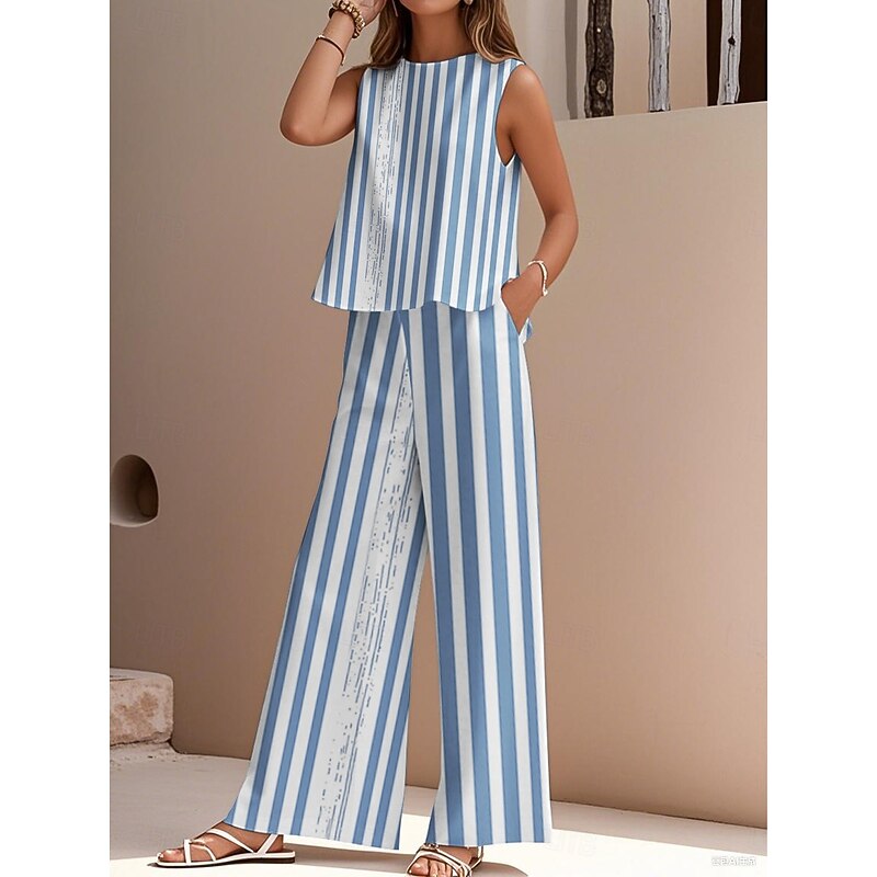 Women's Elegant Fashion Streetwear Two Piece Sets Blouse Vest Pants Trousers Sleeveless Crew Neck Outdoor Work Casual Striped Print Vacation Daily Holiday Blue Gray Light Blue Summer Regular Fit2