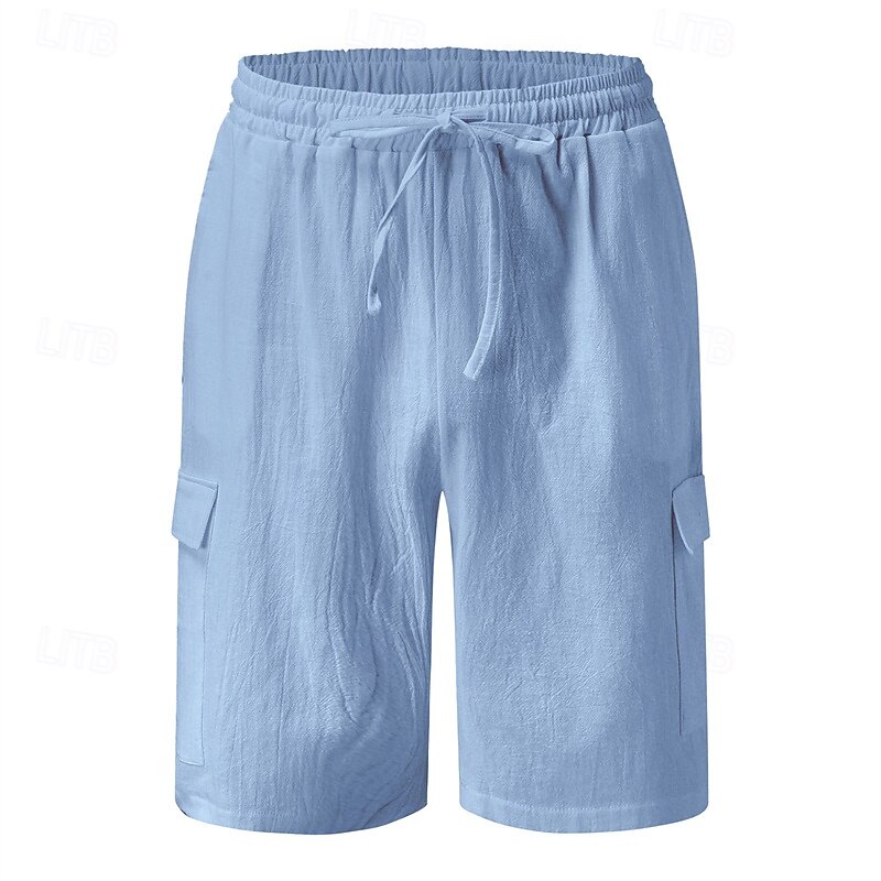 Men's Shorts Linen Shorts Summer Shorts Beach Shorts Pocket Drawstring Elastic Waist Plain Comfort Breathable Short Vacation Holiday Beach Hawaiian Boho Black Light Blue3