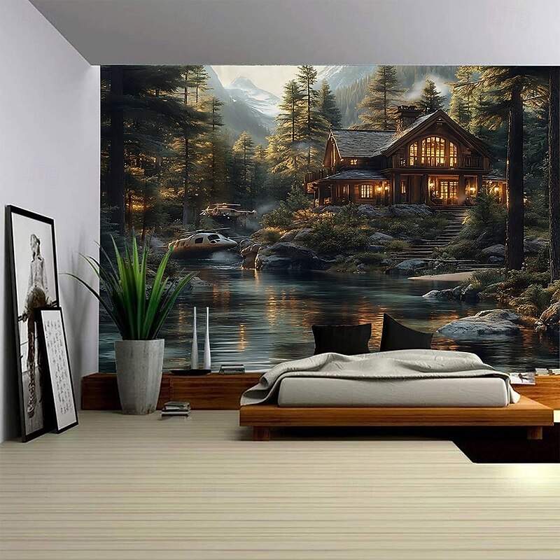 Rural Mountain Houses Waterfall Landscapes Hanging Tapestries Mural Art Large-Scale Tapestries Mural Decoration Photos Backgrounds Curtains Home Furnishings Bedrooms Living Rooms Decoratio3