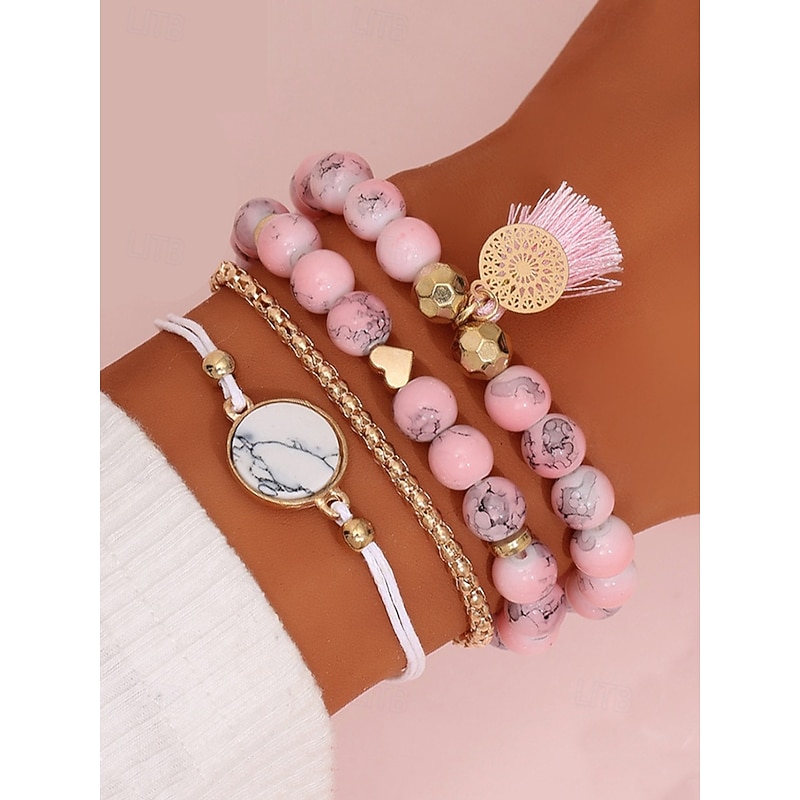 Women's Howlite Beaded Bracelet Set – Boho Layered Stack with Heart Charm, Marble Pendant and Tassel for Casual Wear, Beach Outfits and Gifts - Main Image