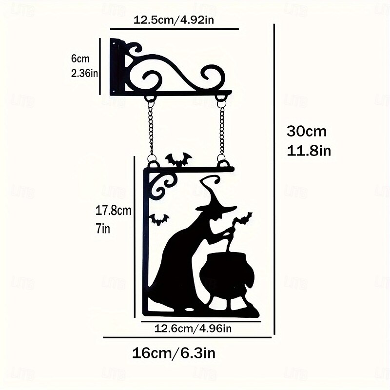 Spooky Halloween 1pc Metal Witch Cauldron Wall Art  Iron Hanging Sign with Bats & Swirls  for Home Garden Party or Door Frame Decoration3