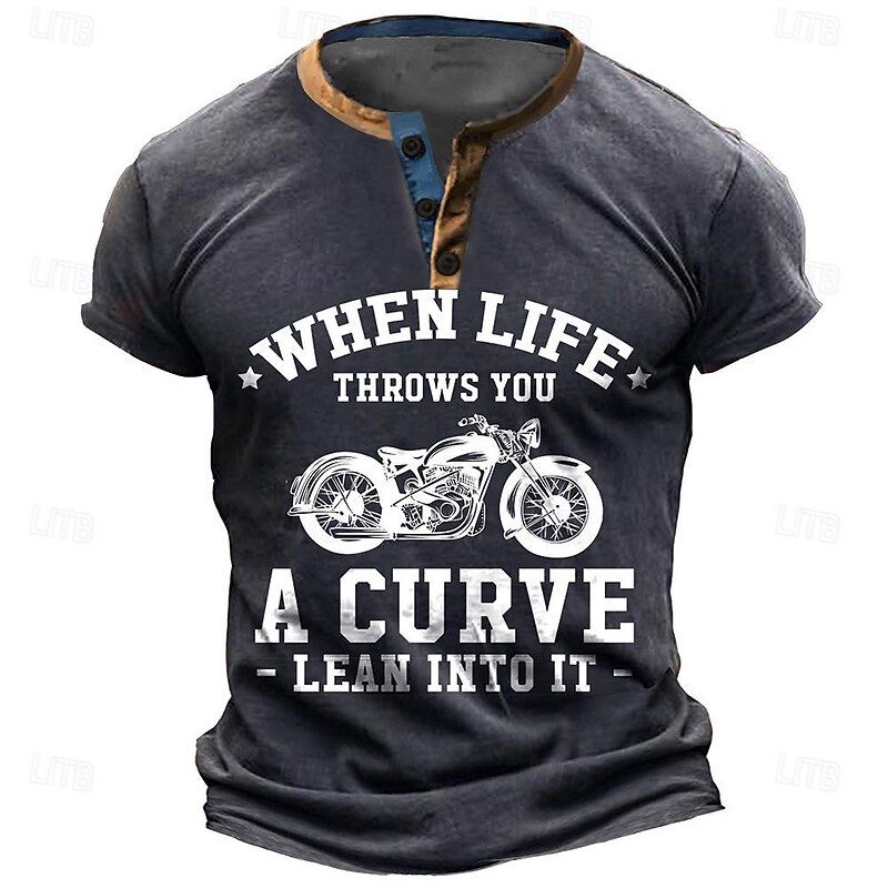Men's Henley Neck Short Sleeve T-Shirt, Motorcycle Graphic Tee with "When Life Throws You A Curve - Lean Into It" Lifestyle Quote Casual Top4
