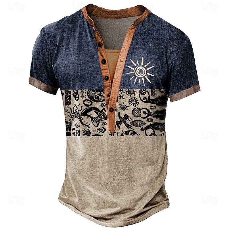 Men's Sun Tribal T Shirt Henley Shirt Tee Short Sleeve Designer Basic Classic Outdoor Casual Daily Summer Green Navy Blue Henley Henley T-Shirt
