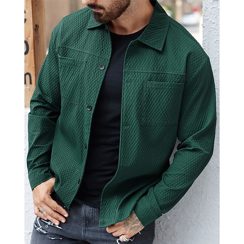 Men's Lightweight Jacket Casual Jacket Vacation Daily Warm Pocket Jacquard Spring Fall Plain Fashion Classic Lapel Regular Dark Green Brown Jacket2