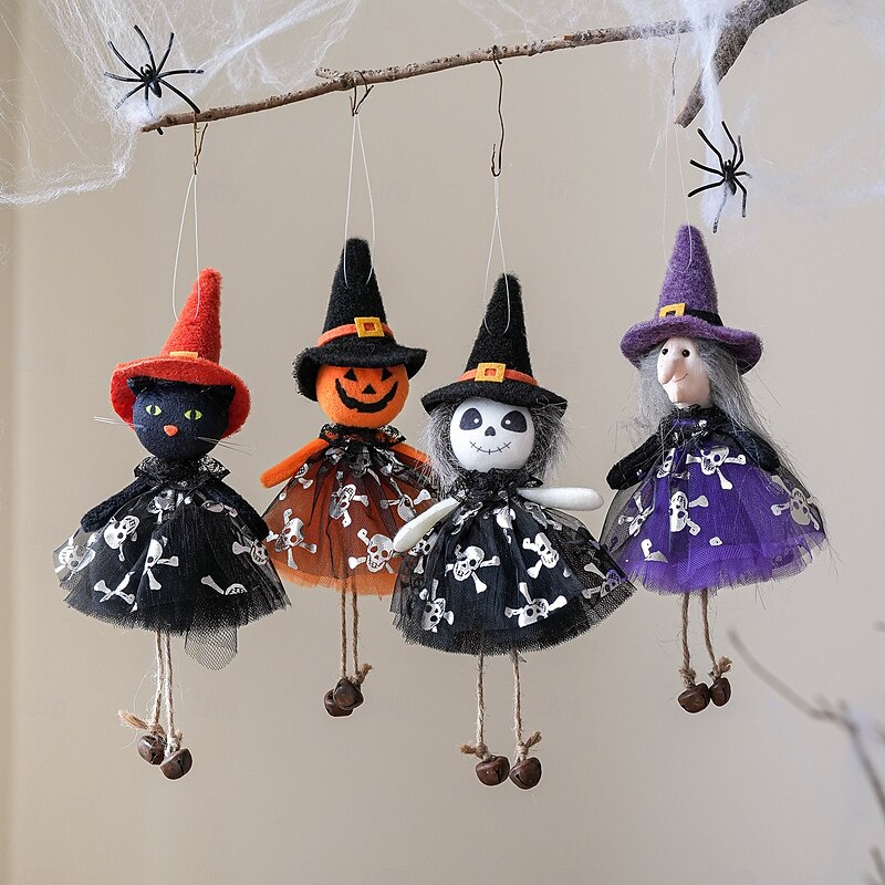 1pc Halloween Witch Ornament with Pumpkin, Ghost, and Skeleton Figurines - Dia de los Muertos Party Scene Decor & Spooky Hanging Decoration for Home