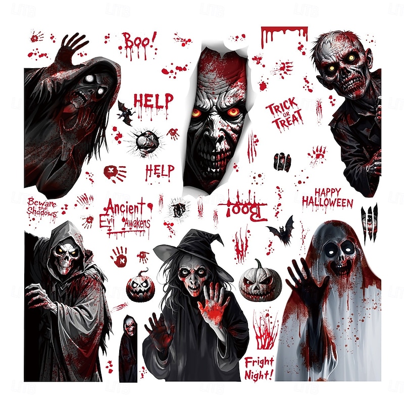 9 Sheets Halloween Static Window Clings Stickers, Grim Reaper, Ghost, Bat and Skeleton Glass Decals, Removable Halloween Party Decorations for Windows and Storefronts4