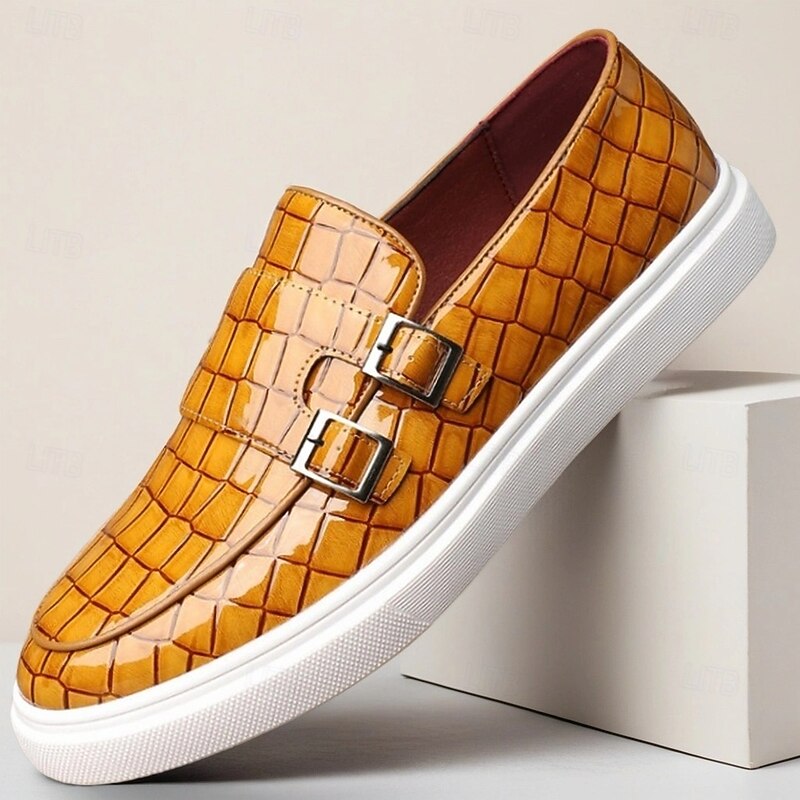 Men's Yellow Woven Faux Leather Loafers with Double Buckle Straps, Slip-On Casual Shoes for Summer Outings, Travel and Daily Wear