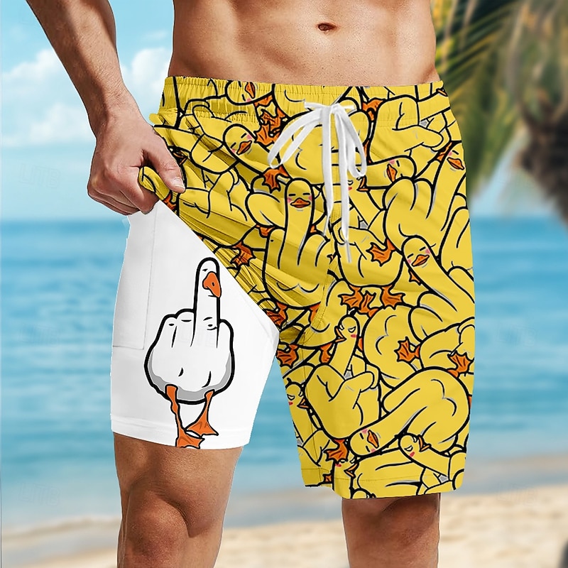 Men's Animal Funny Duck Lined Shorts 2 in 1 Board Shorts Swim Shorts Mid Waist Hawaiian Vacation Holiday Side Pockets With Compression Liner Elastic Drawstring Waist Designer Clothing Apparel3