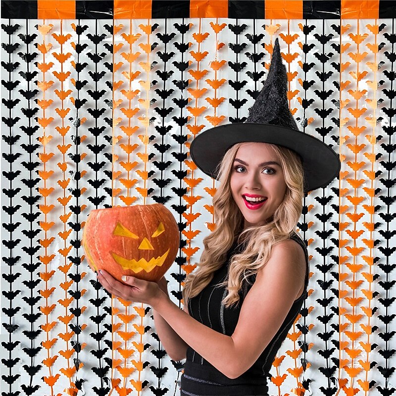 Halloween Foil Fringe Curtain Tinsel Curtain with Bat, Laser Pumpkin, Spider and Skull, Scary Party Backdrop for Halloween Decorations and Photo Booth Props2