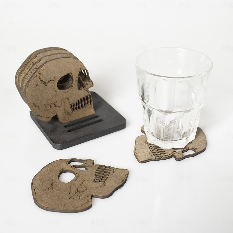 Halloween Wooden Skull Coasters Set of 6 with Holder, Spooky Tabletop Decorations for Party, Festival Dinner, Haunted House or Bar Decor4