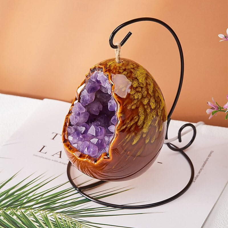 1pc Natural Amethyst Crystal Cluster Dinosaur Egg Shape USB-Powered Night Light with Metal Chain - Purple Fantasy Theme Home Decor for Bedroom Living Room Office Dinosaur Room Decor4