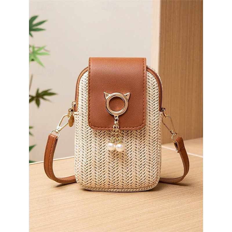 Women's Straw Crossbody Phone Bag with Cat Ears Pendant – Cute Woven Mini Purse, Casual Summer Style, Small Shoulder Bag for Teen Girls & Women, Ideal for Beach, Vacation & Daily Outings