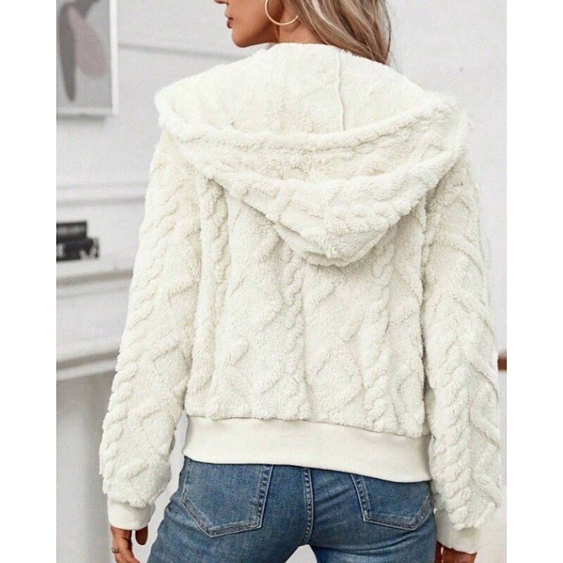 Women's Teddy Coat Hoodie Jacket Warm Comfortable Zipper Casual Plain Outdoor Vacation Holiday Going out Zipper Regular Hooded Regular Fit Long Sleeve Outerwear Black White Pink Fall Winter3