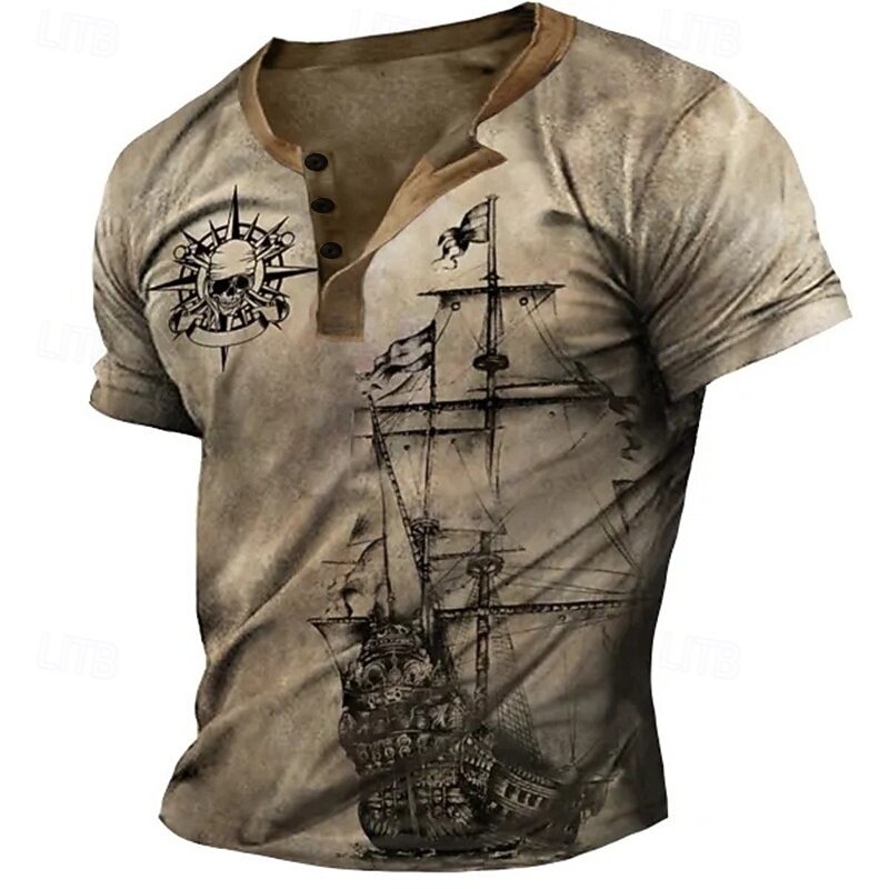 Men's Graphic Ship Skulls Henley Shirt Raglan T Shirt Short Sleeve 3D Print Fashion Designer Comfortable Outdoor Daily Summer Blue Red Purple Brown Green Henley Henley T-Shirt